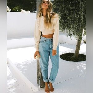 Sabo Womens Cropped Ribbed Crewneck Top Neutral Beige Cotton Blend Moto Style M